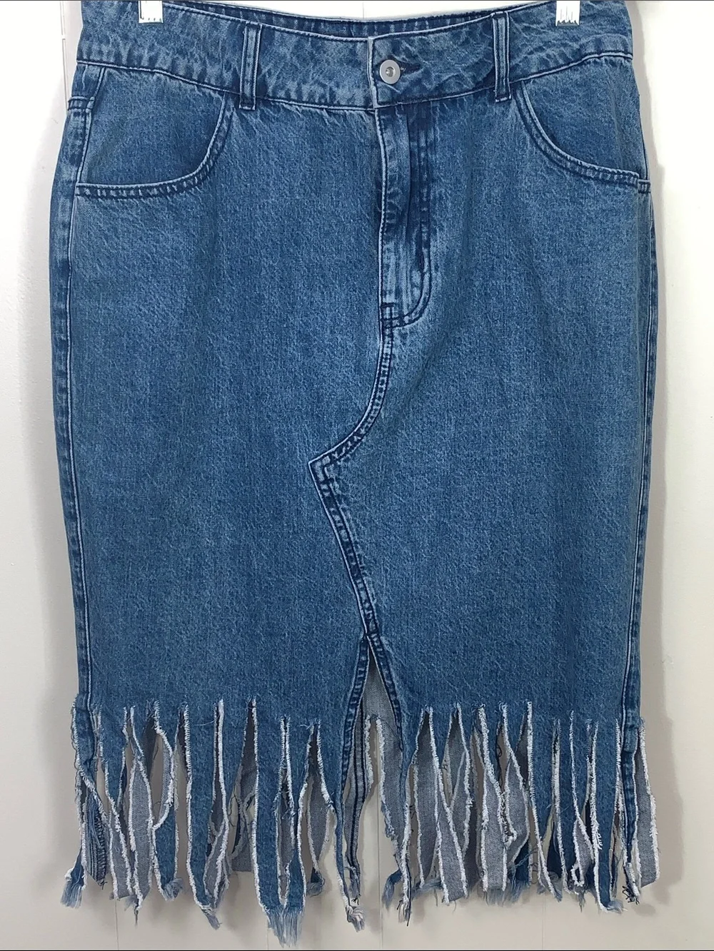 Frayed Hem Blue Denim Midi Skirt